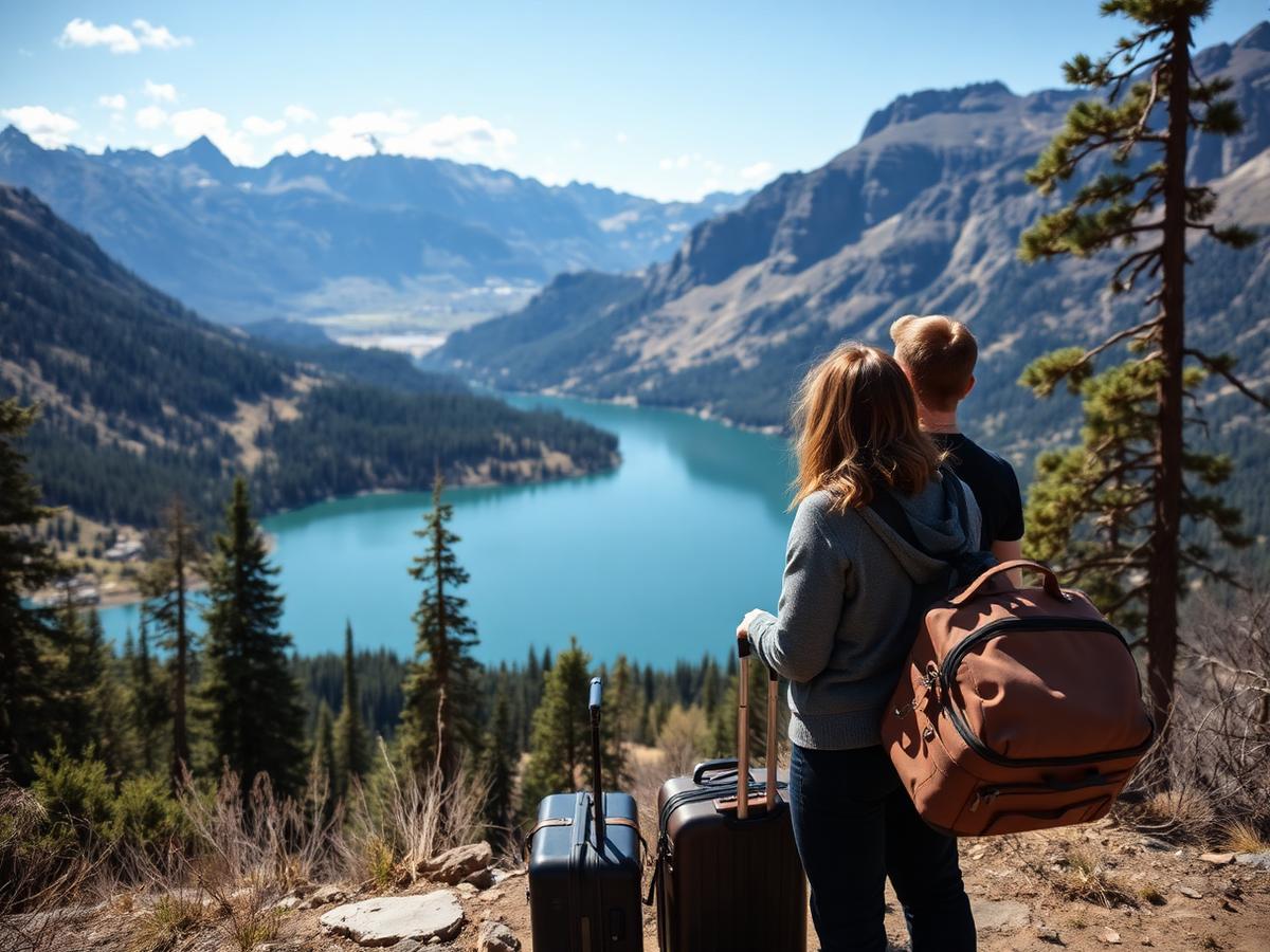 Casal observando um lago entre montanhas com suas malas